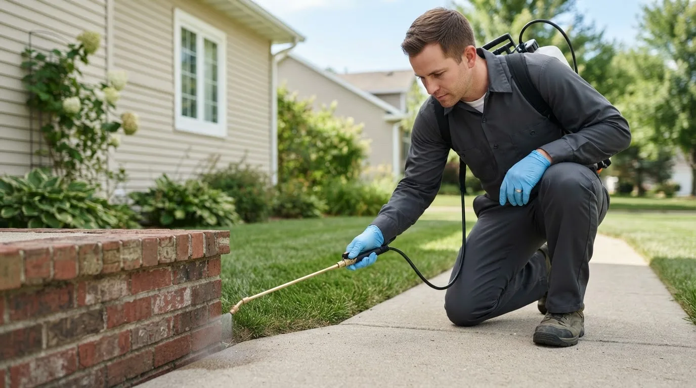 Pest control technician treating a home near Warsaw, IN