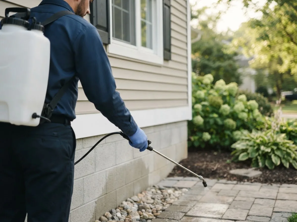 Pest control technician inspecting a home in Warsaw, IN